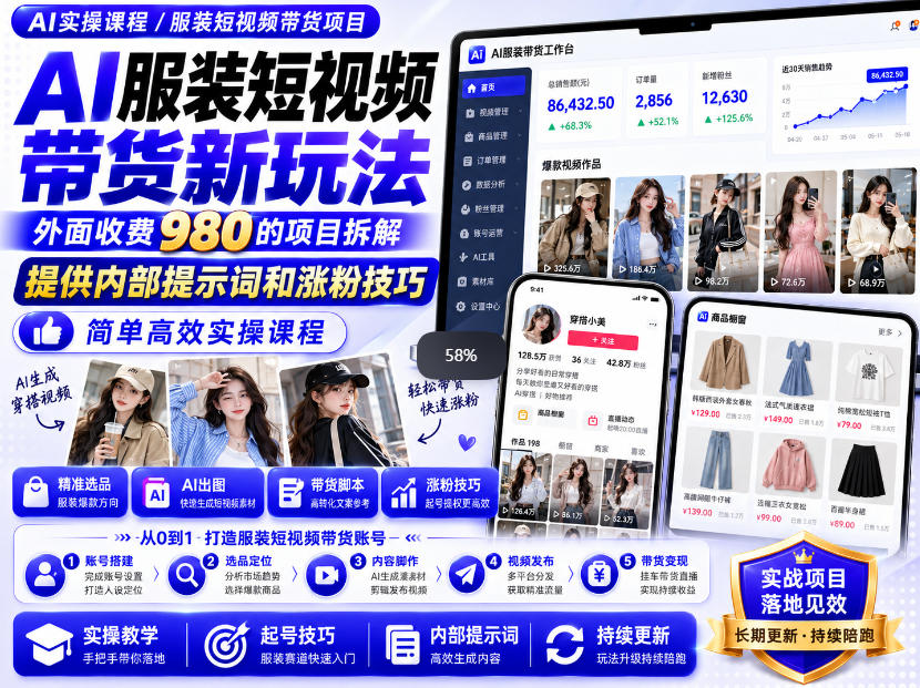 外面收费980AI快手带货系统课程，内部课程首次外放，操作简单高效，一分钟一条爆款视频-副业网创
