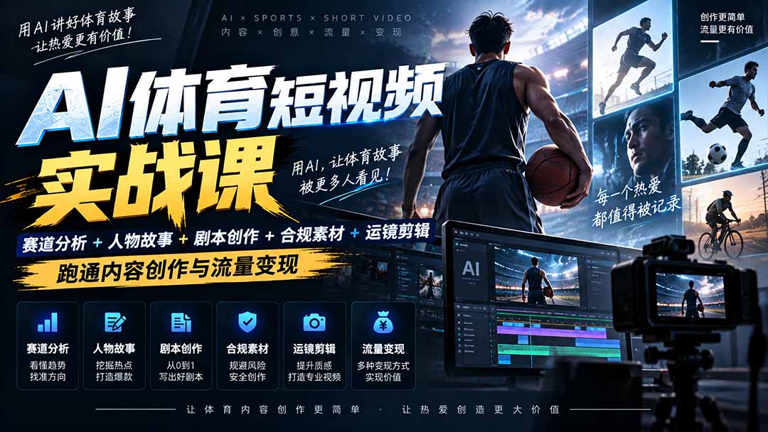 AI体育短视频赛道顶级玩法｜赛道分析+人物故事+剧本创作+版权处理+运镜剪辑，跑通流量变现-日赚1K+-副业网创