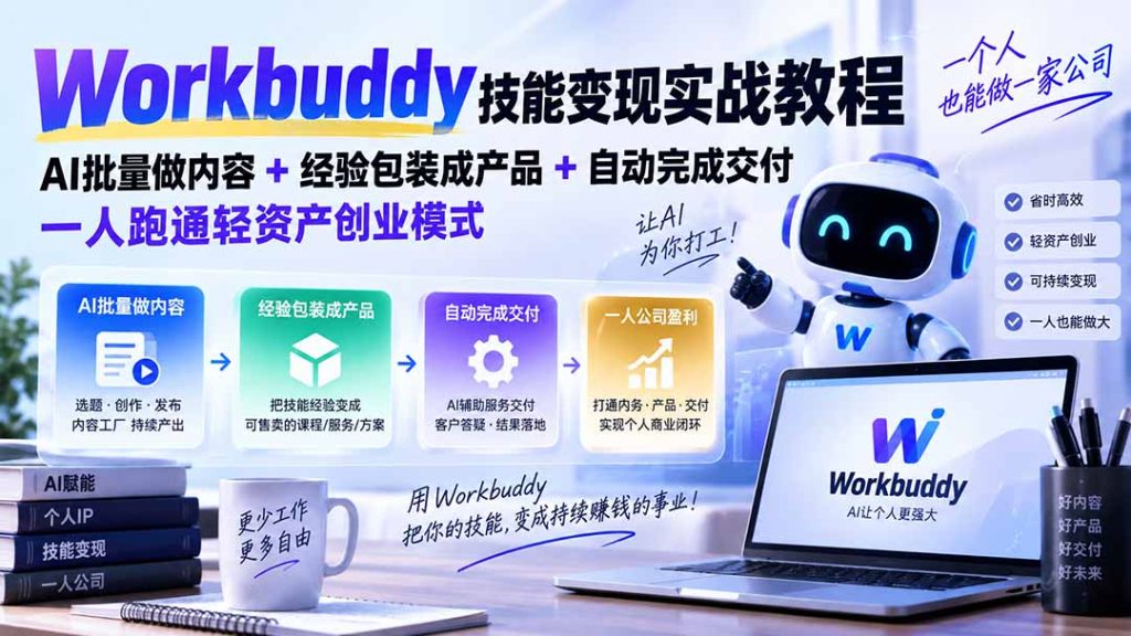 Workbuddy技能变现实战教程：AI批量做内容+经验包装成产品+自动完成交付，一人跑通轻资产创业模式-副业网创
