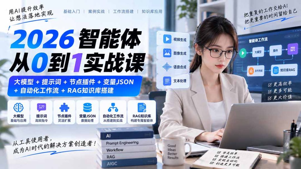 2026智能体从0到1实战课｜大模型+提示词+节点插件+变量JSON+自动化工作流+RAG知识库搭建-副业网创