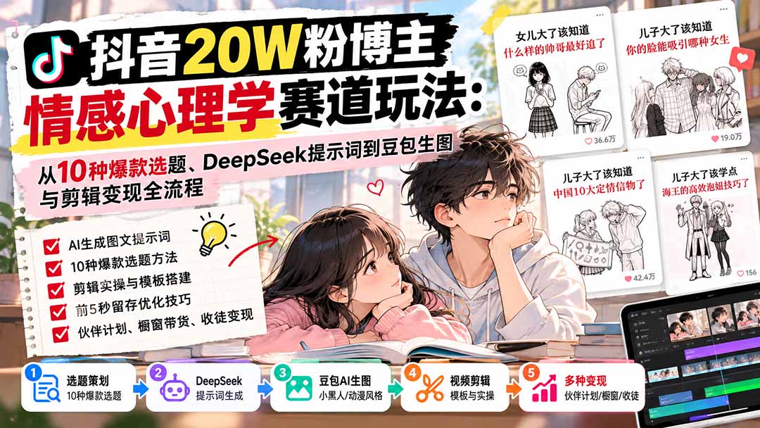 抖音20W粉博主-情感心理学赛道玩法：从10种爆款选题、DeepSeek提示词到豆包生图与剪辑变现全流程-副业网创
