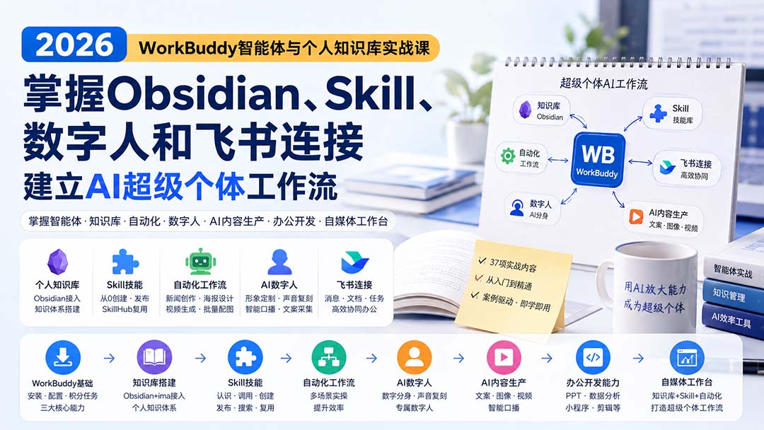 2026 WorkBuddy智能体与个人知识库实战课：掌握Obsidian、Skill、数字人和飞书连接，建立AI超级个体工作流-副业网创