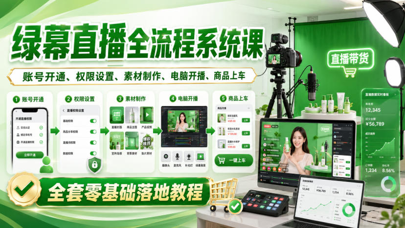 绿幕直播全流程系统课，账号开通、权限设置、素材制作、电脑开播、商品上车全套零基础落地教程-副业网创