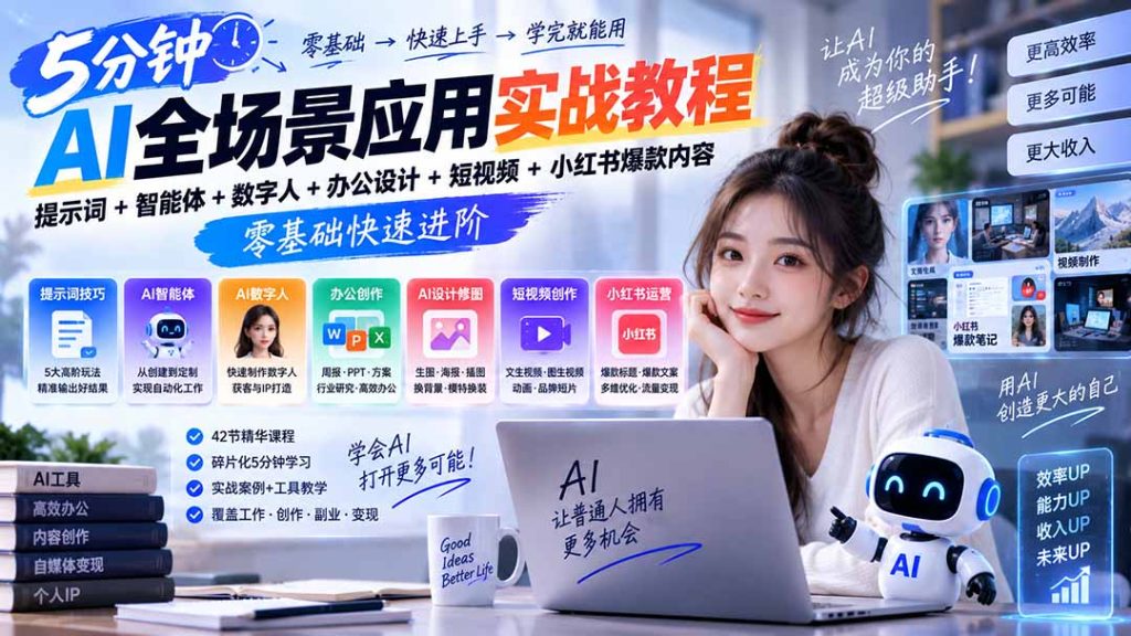 AI全场景应用实战教程｜提示词+智能体+数字人+办公设计+短视频+小红书爆款内容，零基础快速进阶-副业网创