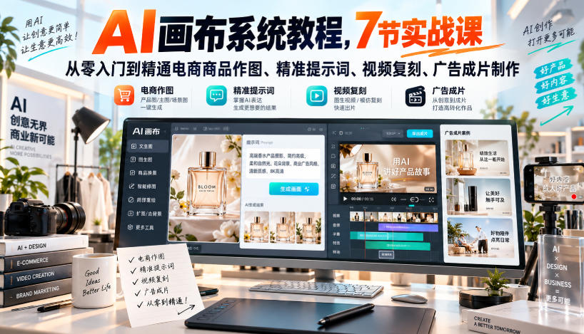 AI画布系统教程，7节实战课从零入门到精通电商商品作图、精准提示词、视频复刻、广告成片制作-副业网创