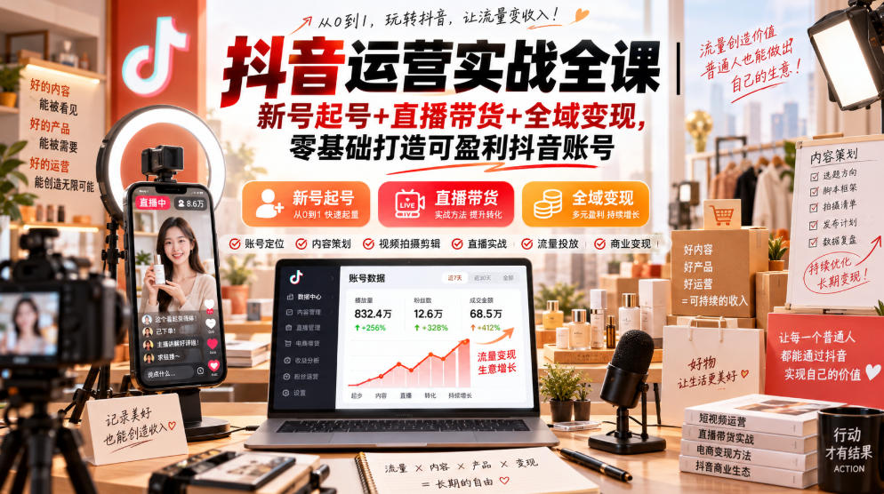 抖音运营实战全课｜新号起号+直播带货+全域变现，零基础打造可盈利抖音账号-副业网创