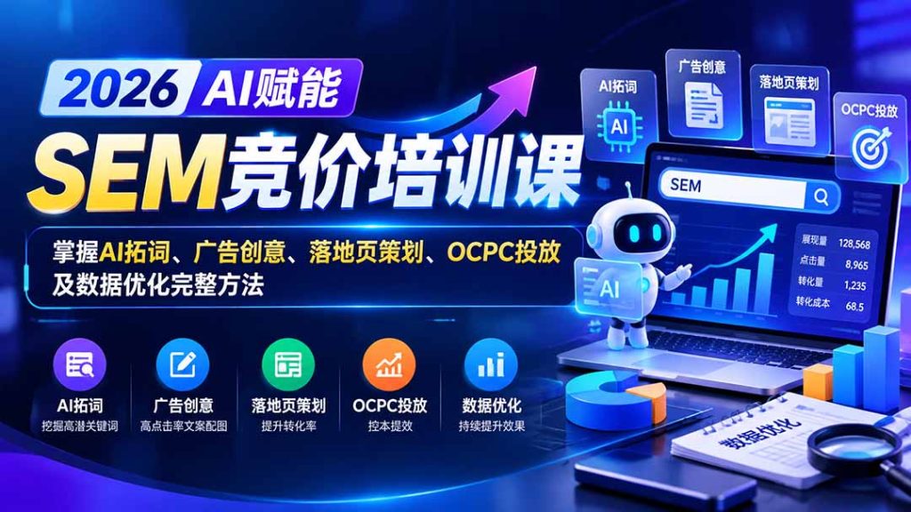 【无水印】2026AI赋能SEM竞价培训课：掌握AI拓词、广告创意、落地页策划、OCPC投放及数据优化完整方法-副业网创