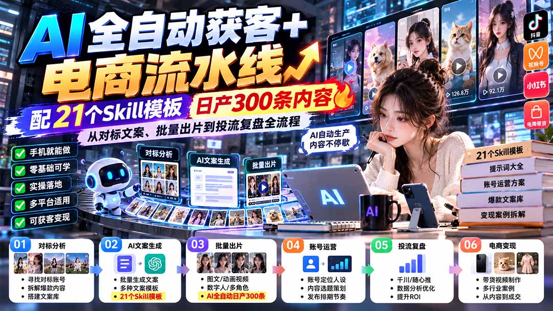 【无水印】AI全自动获客+电商流水线：配21个Skill模板，日产300条内容，从对标文案、批量出片到投流复盘全流程-副业网创