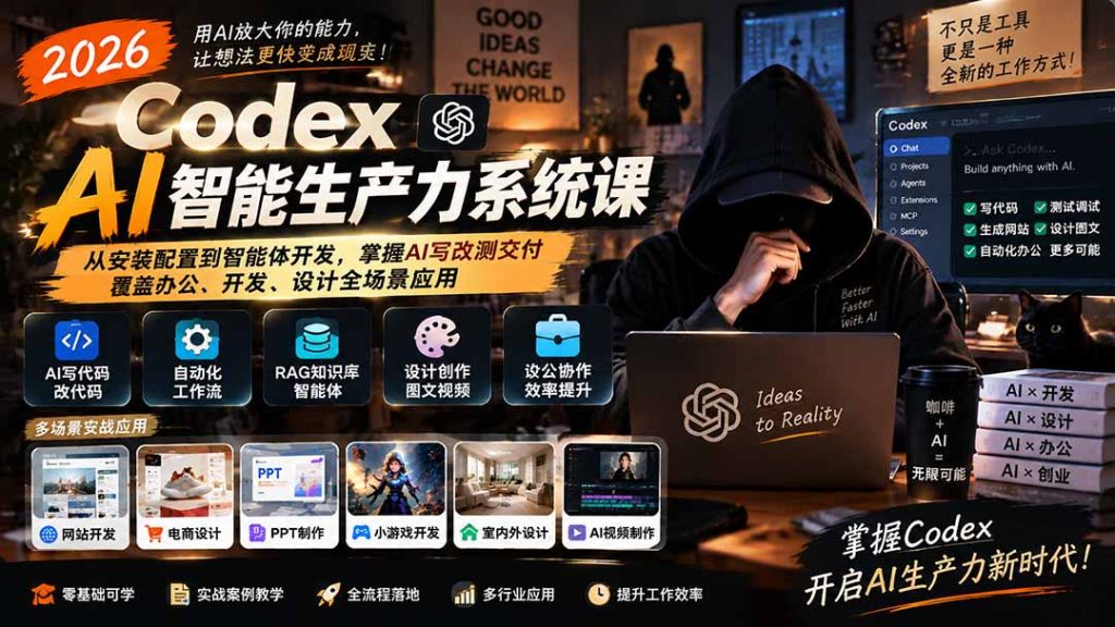 2026 Codex AI智能生产力系统课-更新|从安装配置到智能体开发,掌握AI写改测交付,覆盖办公、开发、设计全场景应用-副业网创