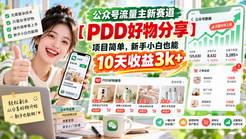 公众号流量主新赛道【PDD好物分享】,项目简单,新手小白也能10天收益3k+-副业网创