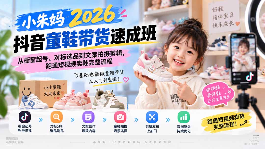 小朱妈2026抖音童鞋带货速成班:从橱窗起号、对标选品到文案拍摄剪辑,跑通短视频卖鞋完整流程-副业网创