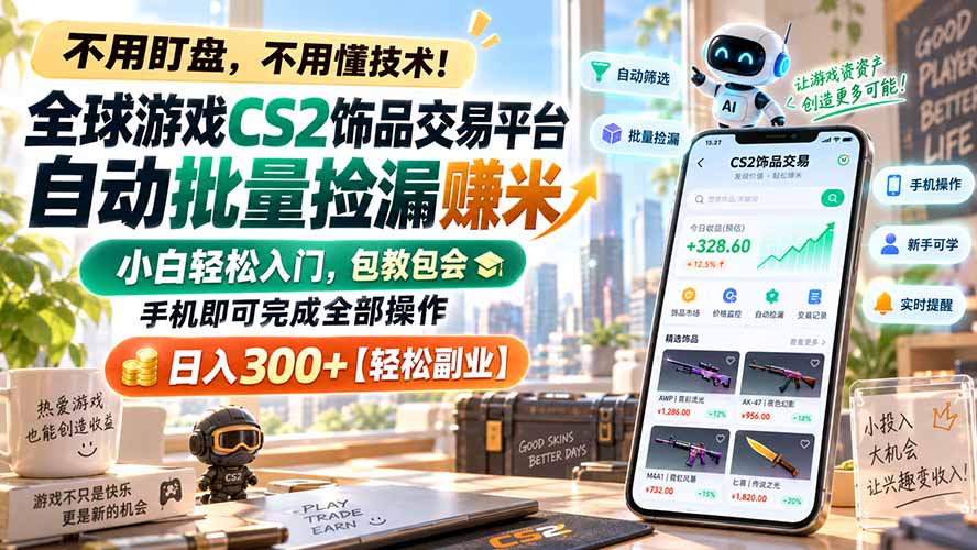 全球游戏CS2饰品交易平台自动批量捡漏赚米,小白轻松入门,包教包会,手机即可完成全部操作,日入300+【轻松副业】-副业网创