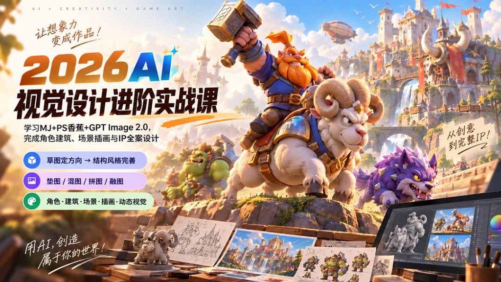 2026AI视觉设计进阶实战课-更新:学习MJ+PS香蕉+GPT Image 2.0,完成角色建筑、场景插画与IP全案设计-副业网创