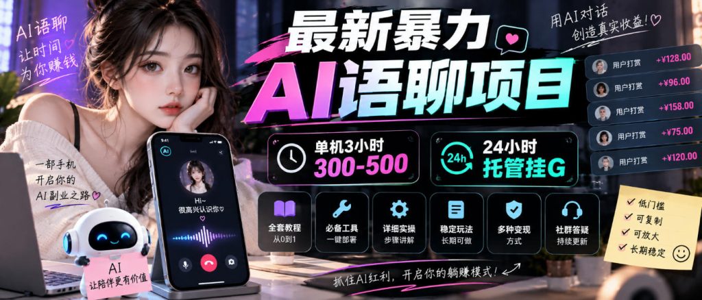 最新暴力AI语聊项目，单机3小时300-500，24小时托管挂G，附全套教程及工具【揭秘】-副业网创