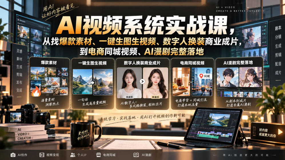 AI视频系统实战课,从找爆款素材、一键生图生视频、数字人换装商业成片,到电商同城视频、AI漫剧完整落地-副业网创