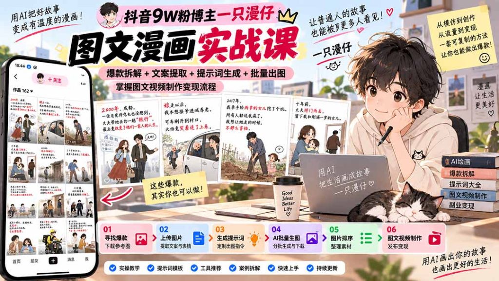 抖音9W粉博主一只漫仔图文漫画课：爆款拆解+文案提取+提示词生成+批量出图，掌握图文视频制作变现流程-副业网创