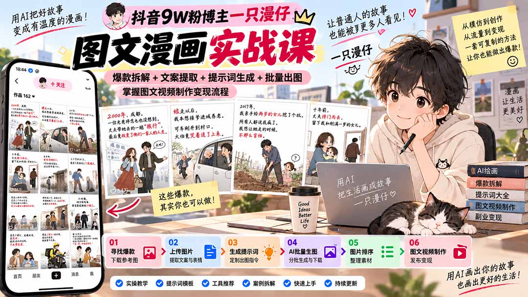 抖音9W粉博主一只漫仔图文漫画课:爆款拆解+文案提取+提示词生成+批量出图,掌握图文视频制作变现流程-副业网创