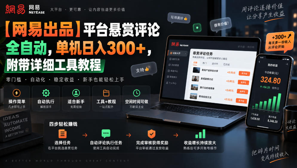 【网易出品】平台悬赏评论全自动，单机日入300+，附带详细工具教程【揭秘】-副业网创