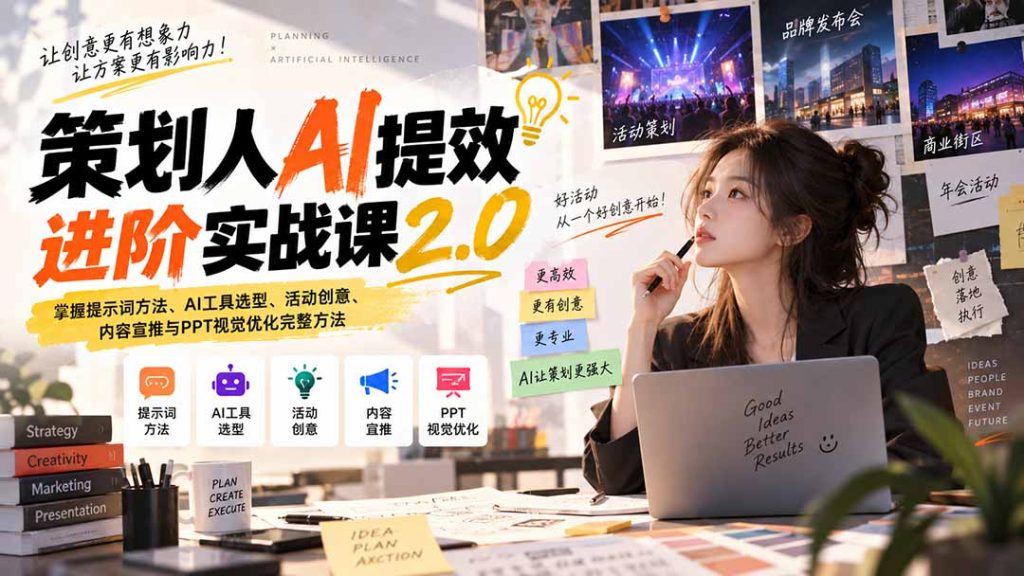 策划人AI提效进阶实战课2.0:掌握提示词方法、AI工具选型、活动创意、内容宣推与PPT视觉优化完整方法-副业网创