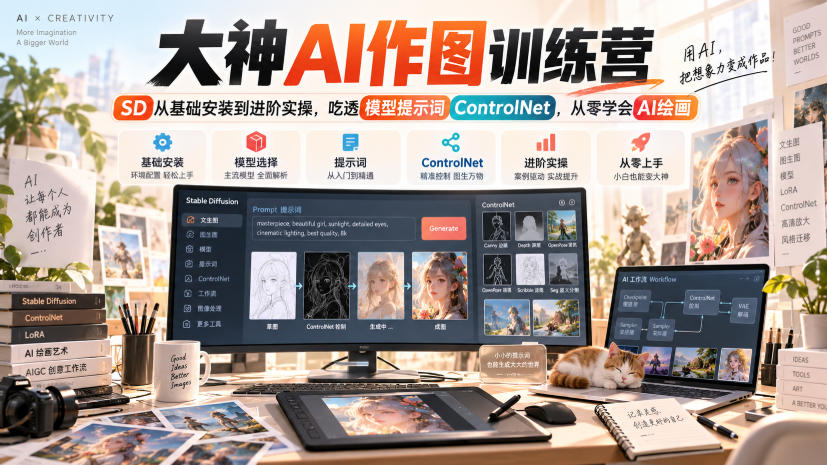 大神AI作图训练营，SD从基础安装到进阶实操，吃透模型提示词ControlNet，从零学会AI绘画-副业网创