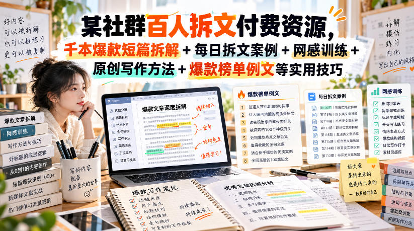 某社群百人拆文付费资源，千本爆款短篇拆解+每日拆文案例+网感训练+原创写作方法+爆款榜单例文等实用技巧(持续更新)-副业网创