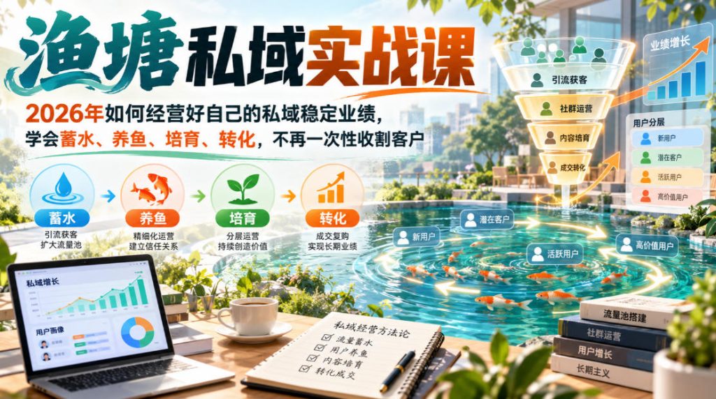 渔塘私域实战课，2026年如何经营好自己的私域稳定业绩，学会蓄水、养鱼、培育、转化，不再一次性收割客户-副业网创
