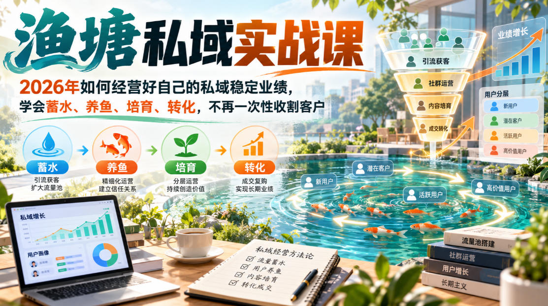 渔塘私域实战课,2026年如何经营好自己的私域稳定业绩,学会蓄水、养鱼、培育、转化,不再一次性收割客户-副业网创