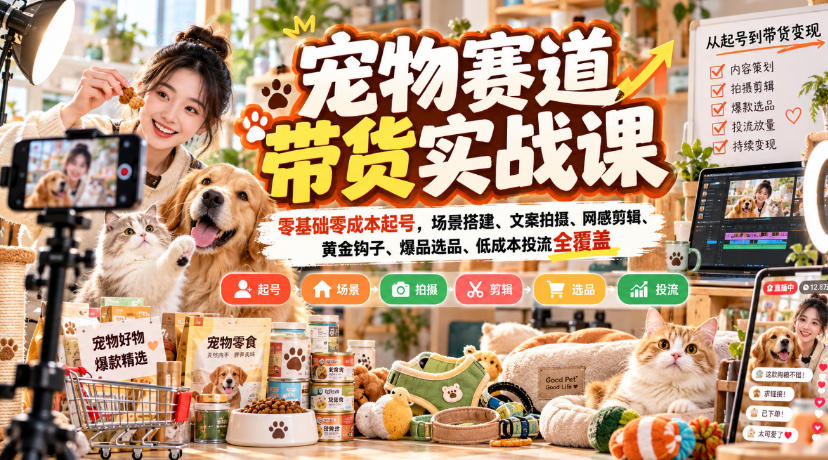 宠物赛道带货实战课，零基础零成本起号，场景搭建、文案拍摄、网感剪辑、黄金钩子、爆品选品、低成本投流全覆盖-副业网创