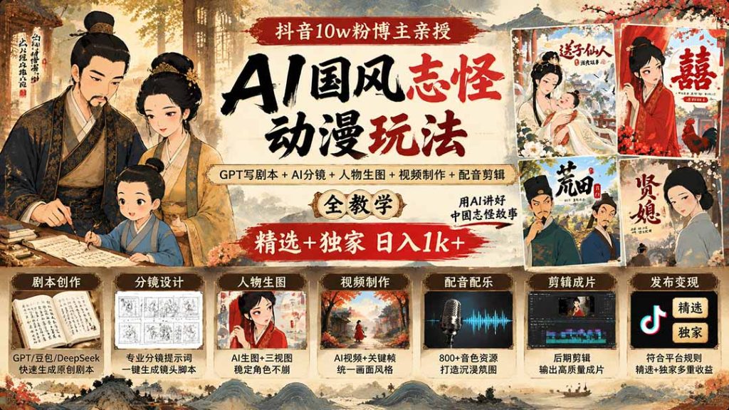 抖音10w粉博主亲授AI国风志怪动漫玩法｜GPT写剧本+AI分镜+人物生图+视频制作+配音剪辑全教学｜精选+独家日入1k+-副业网创