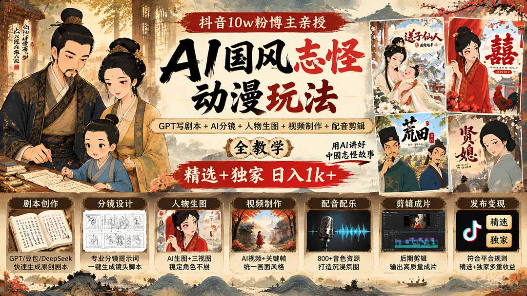 抖音10w粉博主亲授AI国风志怪动漫玩法|GPT写剧本+AI分镜+人物生图+视频制作+配音剪辑全教学|精选+独家日入1k+-副业网创