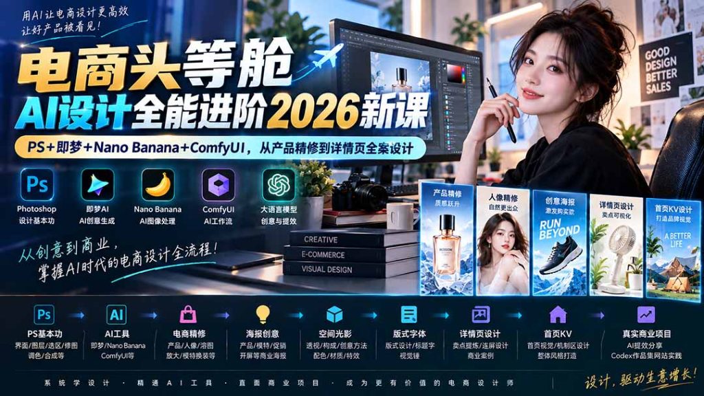 电商头等舱AI设计全能进阶2026新课：PS+即梦+Nano Banana+ComfyUI，从产品精修到详情页全案设计-副业网创