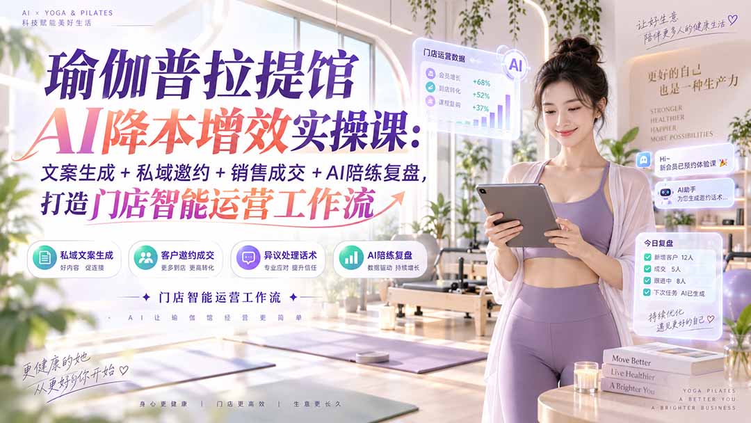 瑜伽普拉提馆AI降本增效实操课：文案生成+私域邀约+销售成交+AI陪练复盘，打造门店智能运营工作流-副业网创