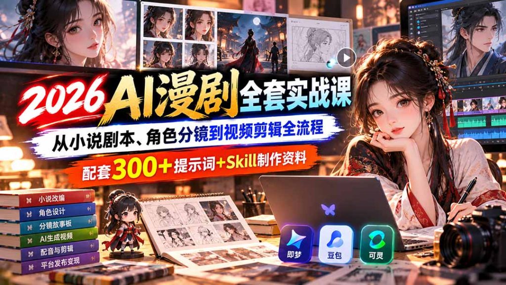 【无水印】2026AI漫剧全套实战课：从小说剧本、角色分镜到视频剪辑全流程，配套300+提示词+Skill制作资料-副业网创
