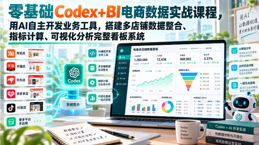 零基础Codex+BI电商数据实战课程，用AI自主开发业务工具，搭建多店铺数据整合、指标计算、可视化分析完整看板系统-副业网创