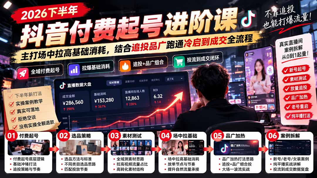 2026下半年抖音付费起号进阶课：主打场中拉高基础消耗，结合追投品广跑通冷启到成交全流程-副业网创