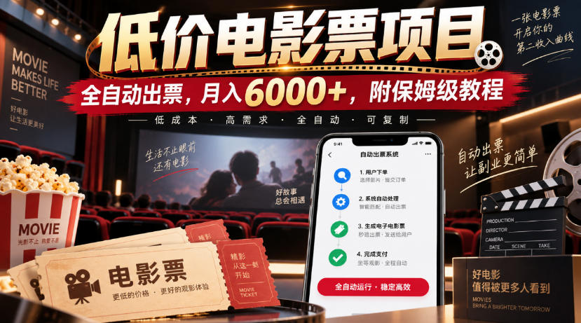 低价电影票项目，全自动出票，月入6000+，附保姆级教程【揭秘】-副业网创