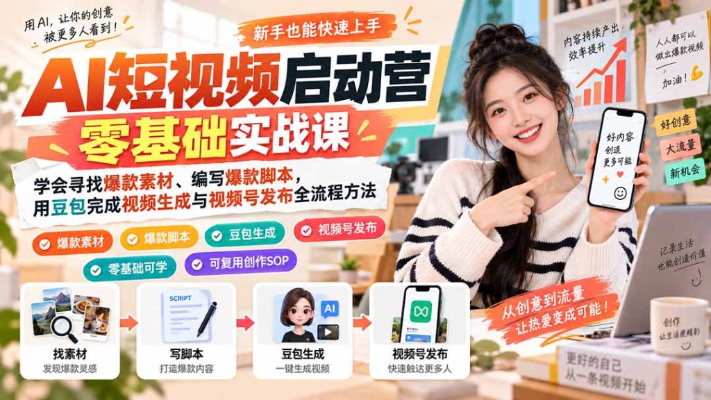 AI短视频启动营零基础实战课：学会寻找爆款素材、编写爆款脚本，用豆包完成视频生成与视频号发布全流程方法-副业网创