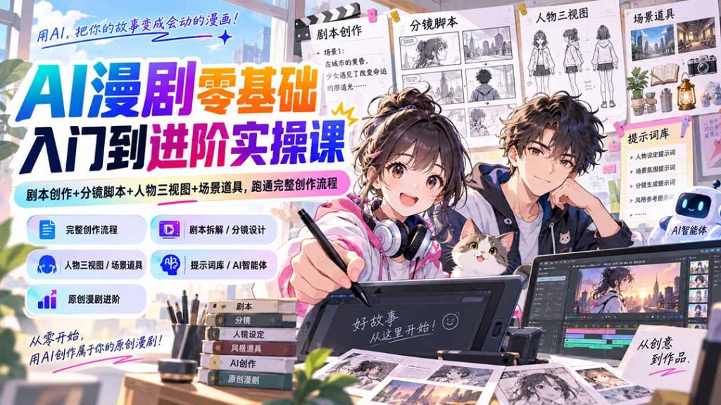 AI漫剧零基础入门到进阶实操课:剧本创作+分镜脚本+人物三视图+场景道具,跑通完整创作流程-副业网创