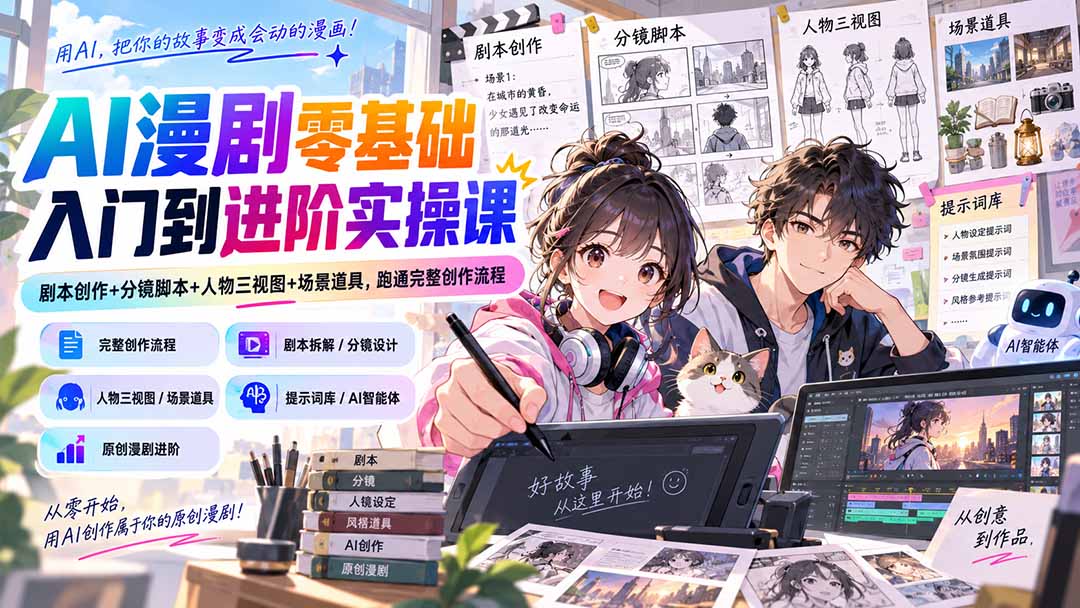 AI漫剧零基础入门到进阶实操课:剧本创作+分镜脚本+人物三视图+场景道具,跑通完整创作流程-副业网创