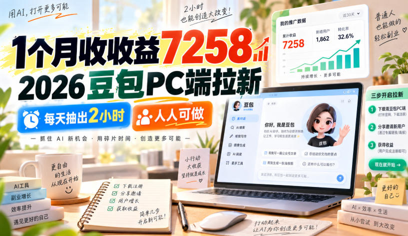 1个月收收益7258,2026豆包PC端拉新,每天抽出2小时,人人可做-副业网创