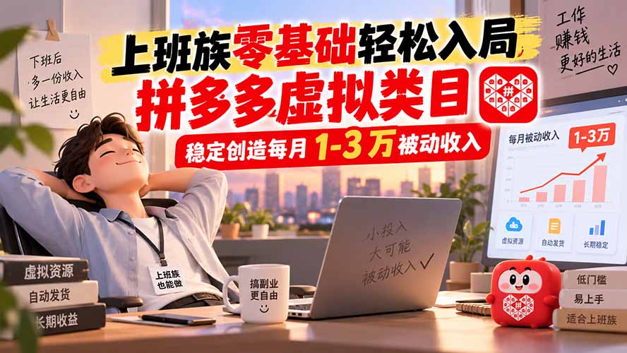 上班族零基础轻松入局，拼多多虚拟类目，稳定创造每月 1-3 万被动收入-副业网创