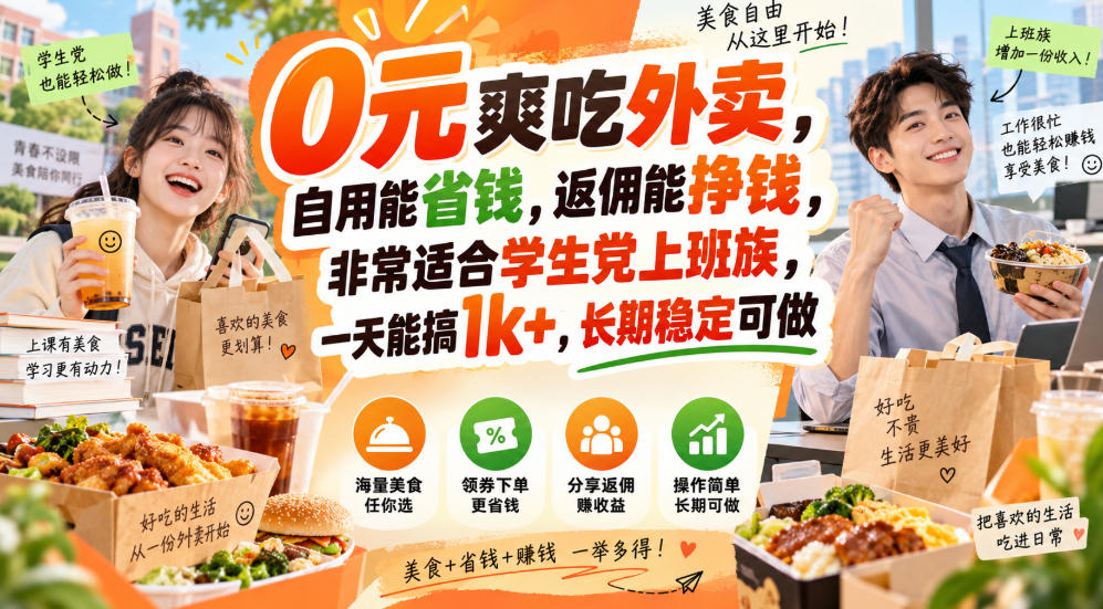 0元爽吃外卖，自用能省钱，返佣能挣钱，非常适合学生党上班族，一天能搞1k+，长期稳定可做-副业网创