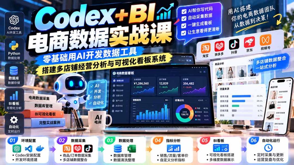 Codex+BI电商数据实战课：零基础用AI开发数据工具，搭建多店铺经营分析与可视化看板系统-副业网创