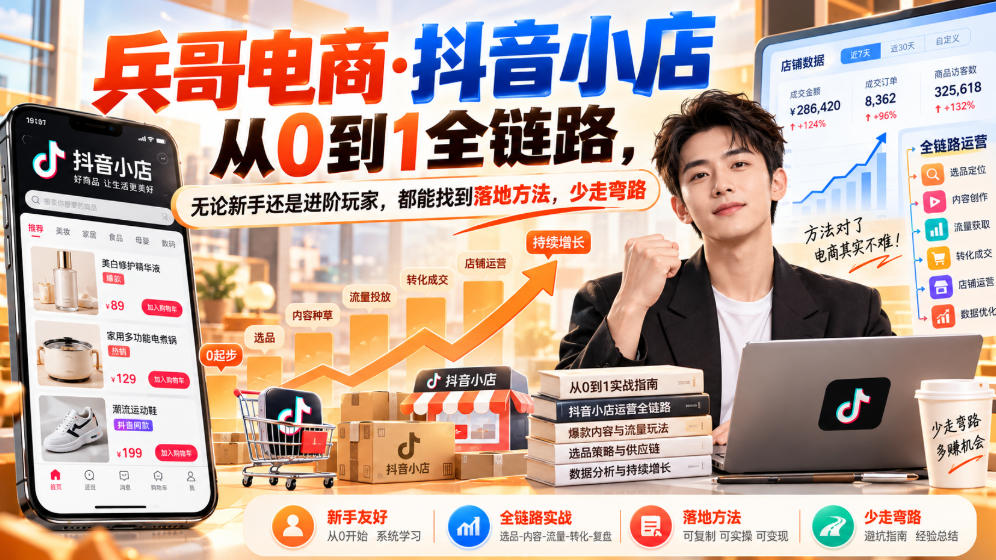 【无水印】兵哥电商·抖音小店从0到1全链路，无论新手还是进阶玩家，都能找到落地方法，少走弯路(更新9月)-副业网创