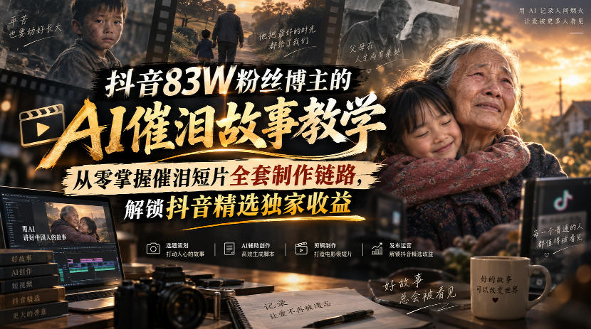抖音83W粉丝博主的AI催泪故事教学,从零掌握催泪短片全套制作链路,解锁抖音精选独家收益-副业网创