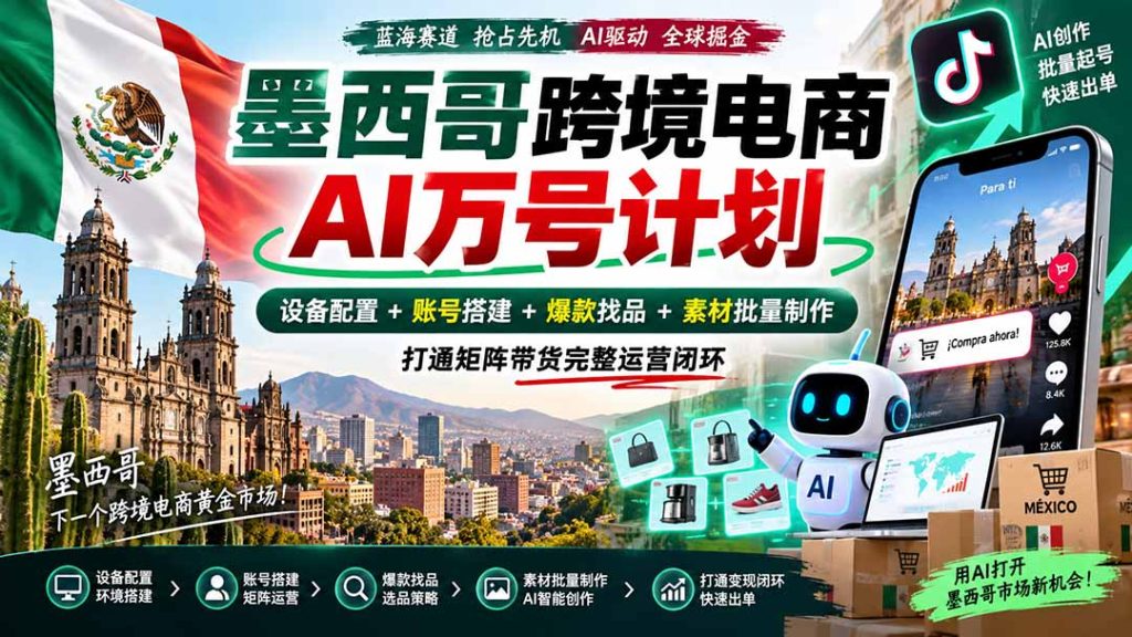 墨西哥AI跨境电商万号计划｜设备配置+账号搭建+爆款找品+素材批量制作，打通矩阵带货完整运营闭环-副业网创
