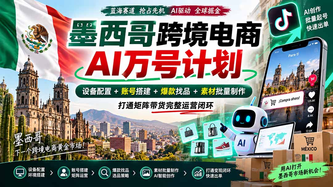 墨西哥AI跨境电商万号计划|设备配置+账号搭建+爆款找品+素材批量制作,打通矩阵带货完整运营闭环-副业网创