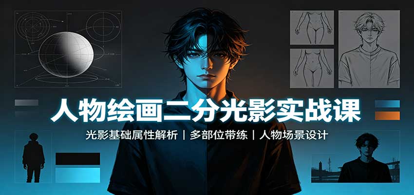 人物绘画二分光影实战课:光影基础属性解析,多部位带练,人物场景设计-副业网创