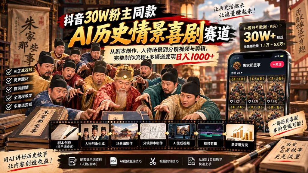 抖音30W粉博主同款AI历史情景喜剧赛道：从剧本创作、人物场景到分镜视频与剪辑，完整制作流程+多渠道变现日入1000+-副业网创