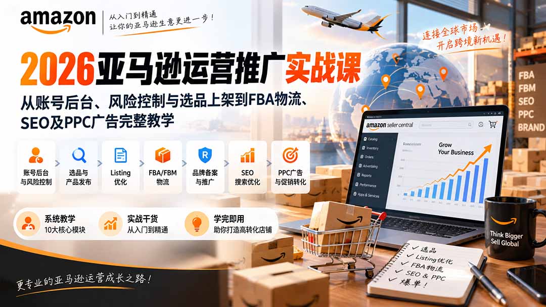2026亚马逊运营推广实战课：从账号后台、风险控制与选品上架到FBA物流、SEO及PPC广告完整教学-副业网创